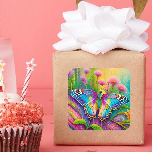 Farbenfrohe Psychedelic Butterfly und Wildblumen Quadratischer Aufkleber (Party)
