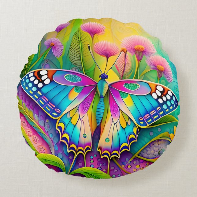 Farbenfrohe Psychedelic Butterfly und Wildblumen Rundes Kissen (Vorderseite)