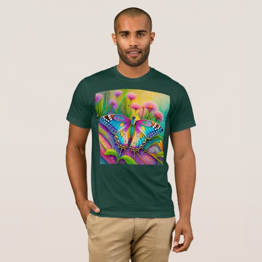 Farbenfrohe Psychedelic Butterfly und Wildblumen T-Shirt (Vorne ganz)