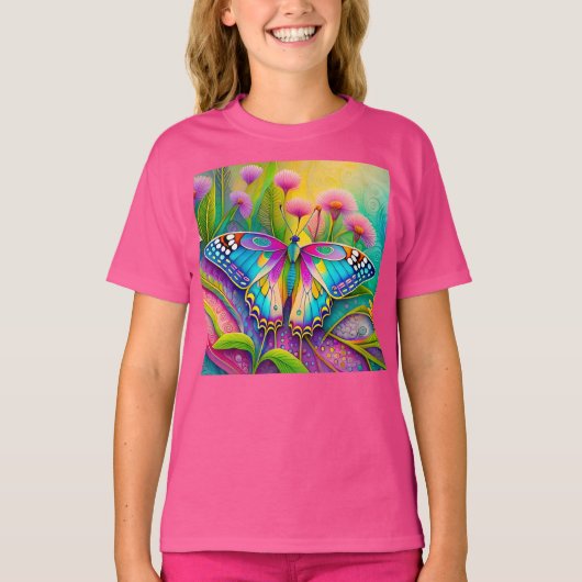 Farbenfrohe Psychedelic Butterfly und Wildblumen T-Shirt (Vorderseite)