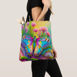 Farbenfrohe Psychedelic Butterfly und Wildblumen Tasche