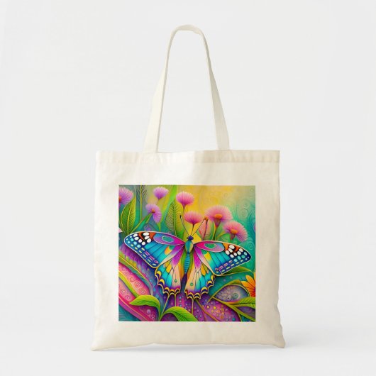 Farbenfrohe Psychedelic Butterfly und Wildblumen Tragetasche (Vorne)