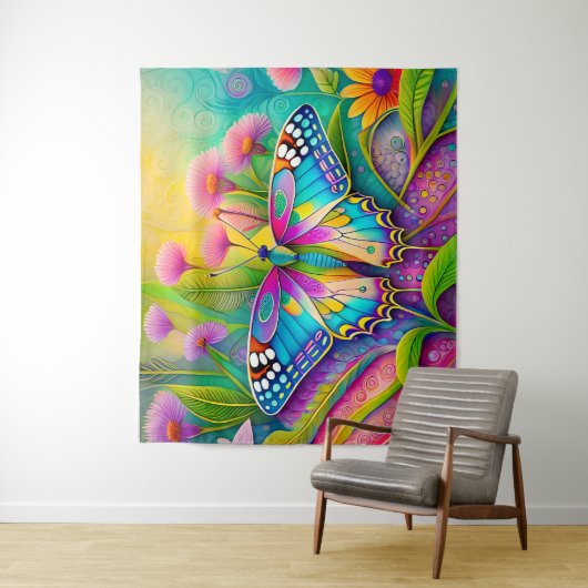 Farbenfrohe Psychedelic Butterfly und Wildblumen Wandteppich (Beispiel)