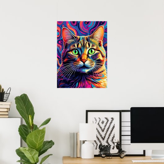 Farbenfrohe Psychedelic Cat Art Poster (Heimbüro)