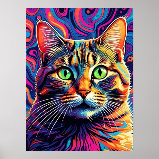 Farbenfrohe Psychedelic Cat Art Poster (Vorne)