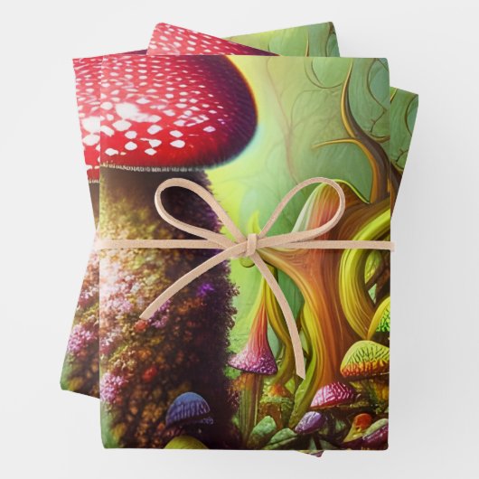 Farbenfrohe Psychedelic Mushroom Mystical Forest Geschenkpapier Set (Beispiel)