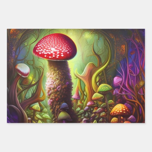 Farbenfrohe Psychedelic Mushroom Mystical Forest Geschenkpapier Set (Vorderseite)
