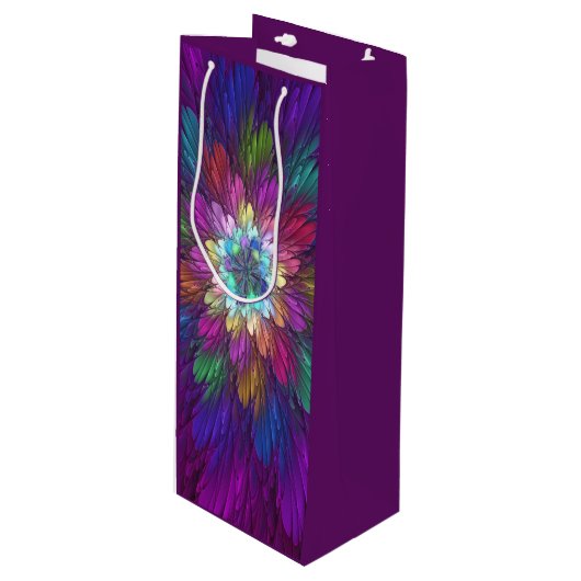 Farbenfrohe Psychedelische Blume Abstraktes Frakta Geschenktüte Für Weinflaschen (Vorderseite Schrägansicht)