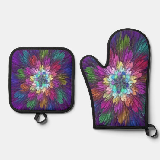 Farbenfrohe Psychedelische Blume Abstraktes Frakta Ofenhandschuh & Topflappen-Set (Vorderseite)