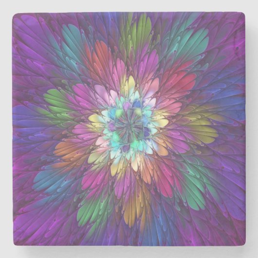 Farbenfrohe Psychedelische Blume Abstraktes Frakta Steinuntersetzer (Vorderseite)