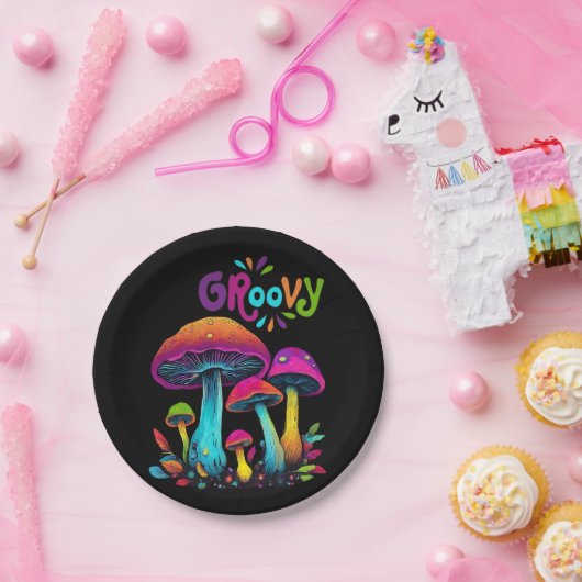 Farbenfrohe psychedelische Pilze- Pappteller (Party)