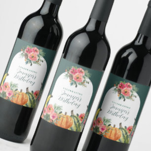 Farbenfrohe Pumpkins fallen Pink Floral Geburtstag Weinetikett