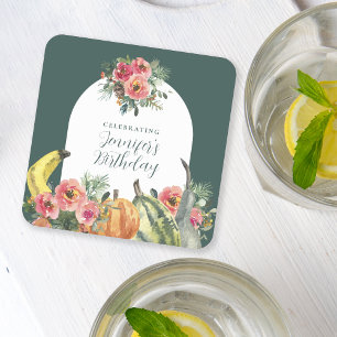 Farbenfrohe Pumpkins Pink Floral Geburtstagsparty Rechteckiger Pappuntersetzer