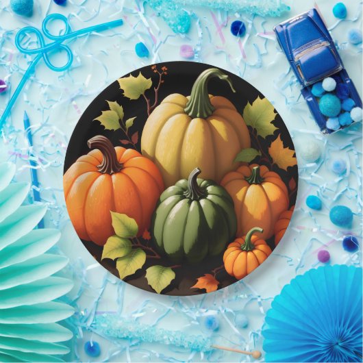 Farbenfrohe Pumpkins Schwarzer Hintergrund Pappteller (Party)