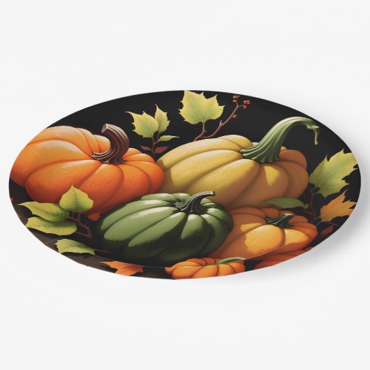 Farbenfrohe Pumpkins Schwarzer Hintergrund Pappteller (Schrägansicht)