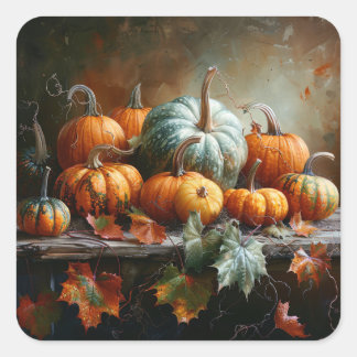 Farbenfrohe Pumpkins und Blätter Vintag Quadratischer Aufkleber