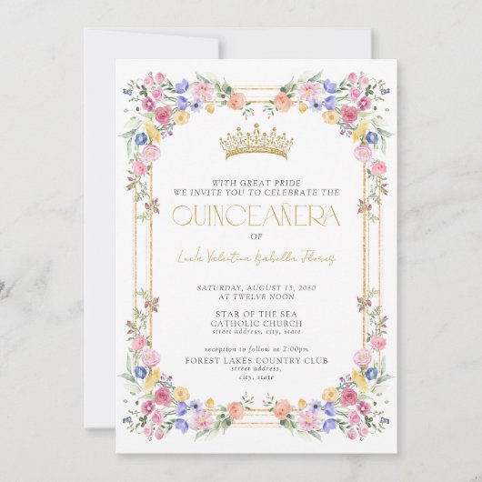 Farbenfrohe QR Wildblume Blumengarten Quinceñera Einladung (Vorderseite)