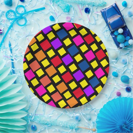 Farbenfrohe Quadrate Muster Pappteller (Party)