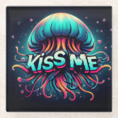 Farbenfrohe Qualle-Illustration mit Kuss-Me-Text Glasuntersetzer (Vorderseite)