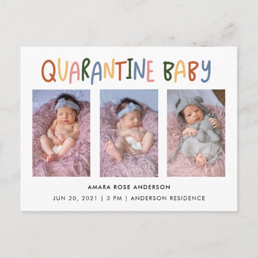 Farbenfrohe Quarantäne Baby 3 Foto Birth Einladungspostkarte (Vorderseite)