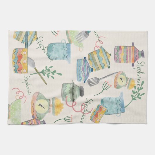 Farbenfrohe Quark Retro Küche Thema Personalisiert Geschirrtuch (Horizontal)