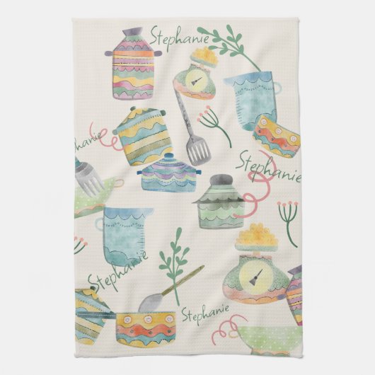 Farbenfrohe Quark Retro Küche Thema Personalisiert Geschirrtuch (Vertikal)