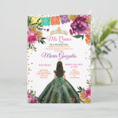 farbenfrohe Quinceañera Smarald Green Blume Geburt Einladung (Stehend Vorderseite)