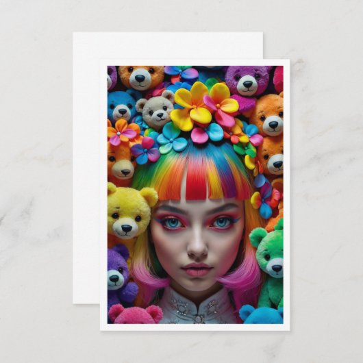 Farbenfrohe Rainbow-Anime-Girl mit Blume und Bären Dankeskarte (Vorne/Hinten)