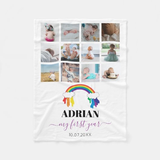Farbenfrohe Rainbow Baby First Year Foto Collage Fleecedecke (Vorderseite)