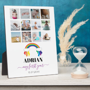 Farbenfrohe Rainbow Baby First Year Foto Collage Fotoplatte