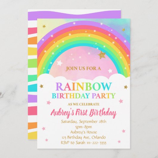 Farbenfrohe Rainbow Birthday Party Einladung (Vorne/Hinten)