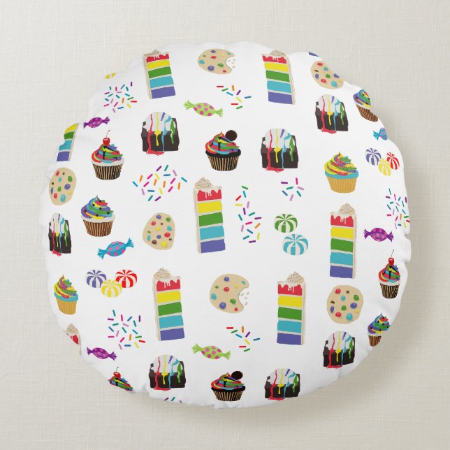 Farbenfrohe Rainbow Cake Desserts & Sprinkles Must Rundes Kissen (Vorderseite)
