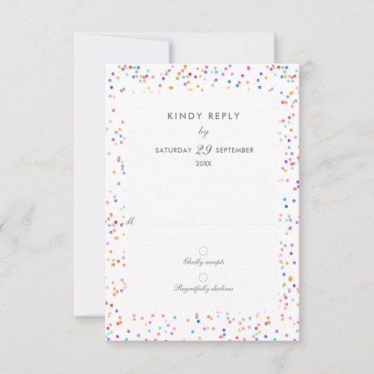 Farbenfrohe Rainbow Confetti Wedding RSVP Card Karte (Vorderseite)