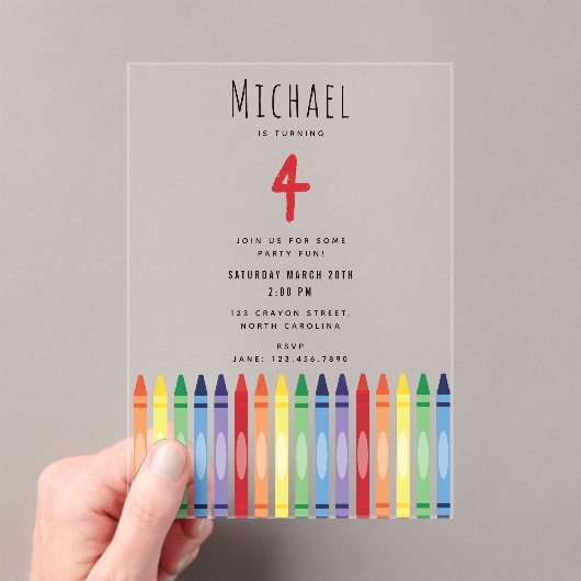 Farbenfrohe Rainbow Crayons Kindergeburtstag Party Acryleinladungen (Insitu (Handheld))