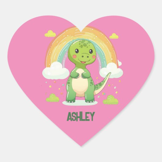 Farbenfrohe Rainbow-Dino mit Kindernamen Herz-Aufkleber (Vorderseite)