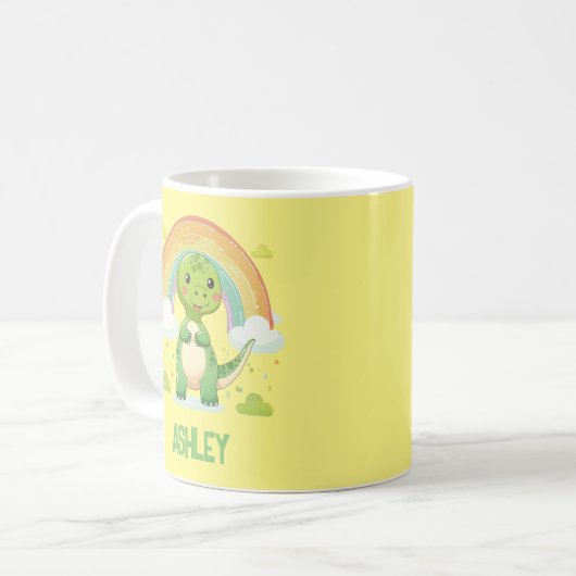 Farbenfrohe Rainbow-Dino mit Kindernamen Kaffeetasse (Vorderseite Links)