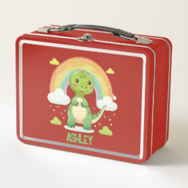 Farbenfrohe Rainbow-Dino mit Kindernamen Metall Brotdose