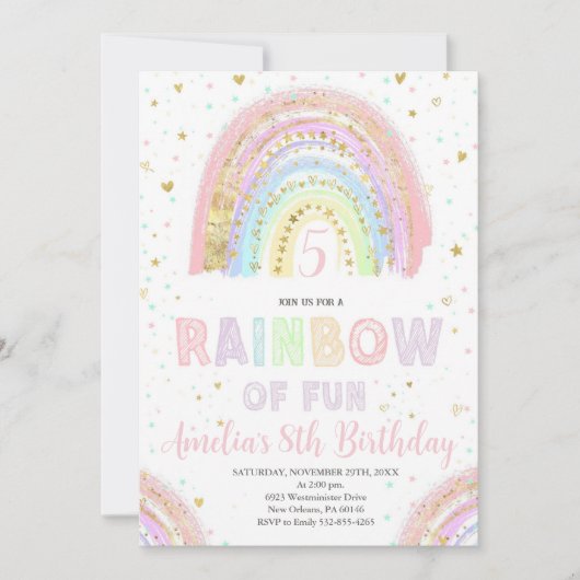 Farbenfrohe Rainbow Girl's Party, Regenbogen of Fu Einladung (Vorderseite)
