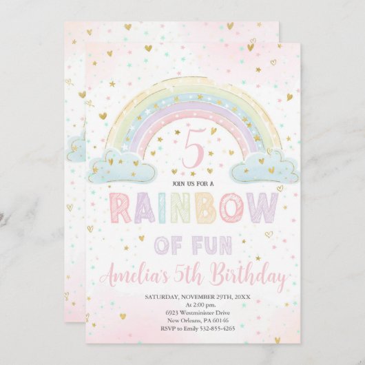 Farbenfrohe Rainbow Girl's Party, Regenbogen of Fu Einladung (Vorne/Hinten)