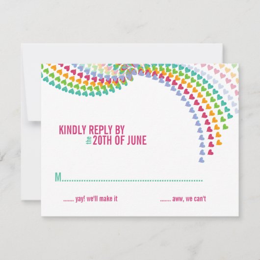 Farbenfrohe Rainbow Heart Sprinkles Wedding RSVP C Karte (Vorderseite)