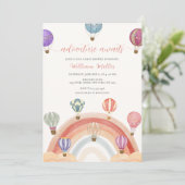 Farbenfrohe Rainbow Hot Air Ballon Babydusche Einladung (Stehend Vorderseite)