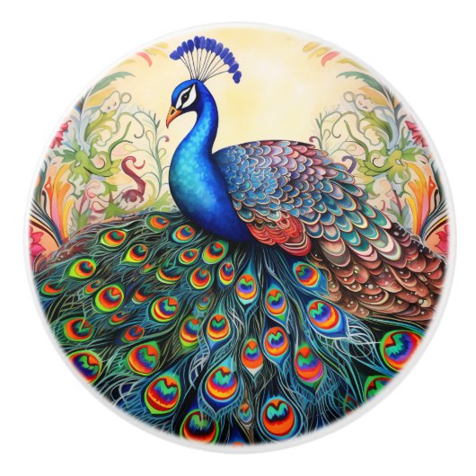Farbenfrohe Rainbow Peacock Keramikknauf (Vorderseite)
