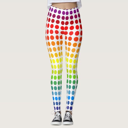 Farbenfrohe Rainbow-Polka-Punkte auf Weiß oder Far Leggings (Vorderseite)