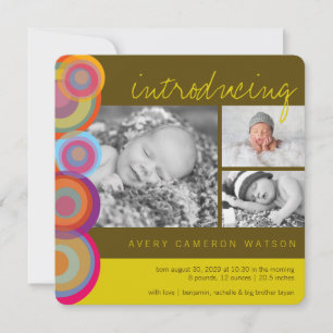 Farbenfrohe Rainbow Pop Circles Birth Announcement Ankündigung
