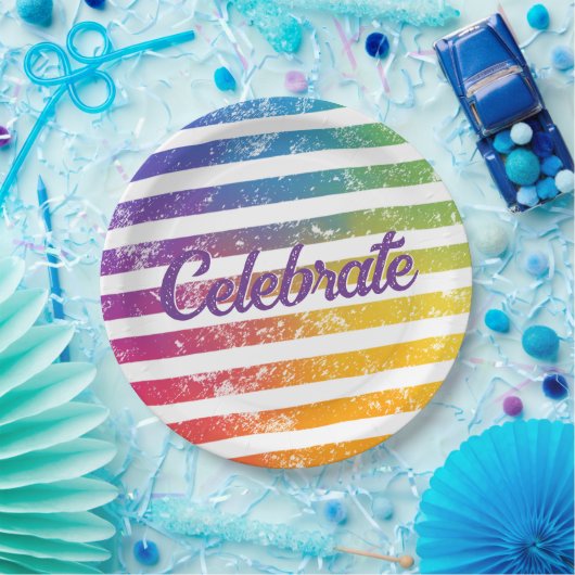 Farbenfrohe Rainbow-Themes Streifen zelebrieren Pappteller (Party)