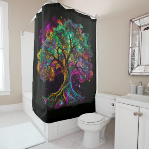 Farbenfrohe Rainbow Tree Fireflies Modernes Kunstw Duschvorhang
