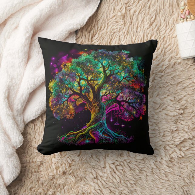 Farbenfrohe Rainbow Tree Fireflies Modernes Kunstw Kissen (Decke)
