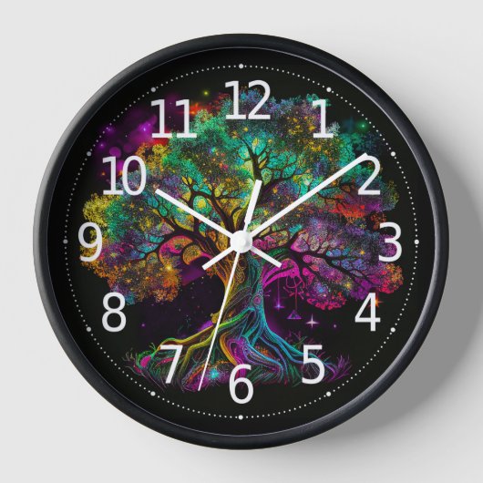 Farbenfrohe Rainbow Tree Fireflies Modernes Kunstw Uhr (Vorderseite)