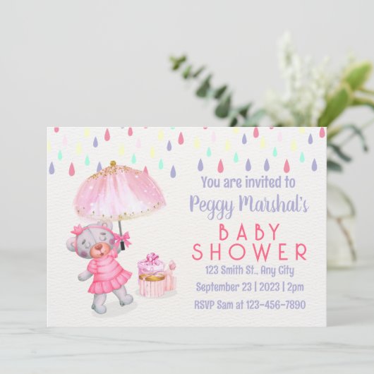 Farbenfrohe Rainy Day Kinderdusche Einladung (Stehend Vorderseite)