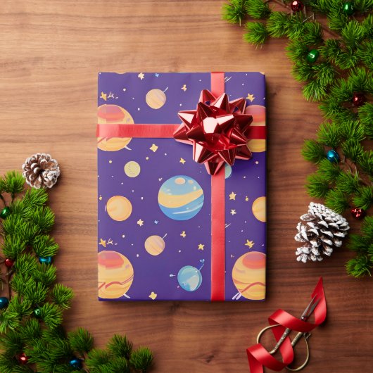 Farbenfrohe Raumgestaltung mit Planeten, Sternen Geschenkpapier (Feiertagsgeschenk)